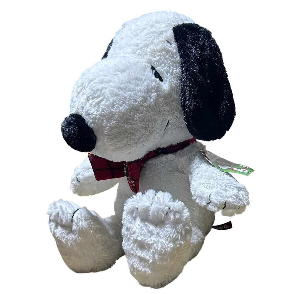 Peanuts Snoopy Plush Dog 18" White Black Red Plaid Bow Holiday Christmas Toy